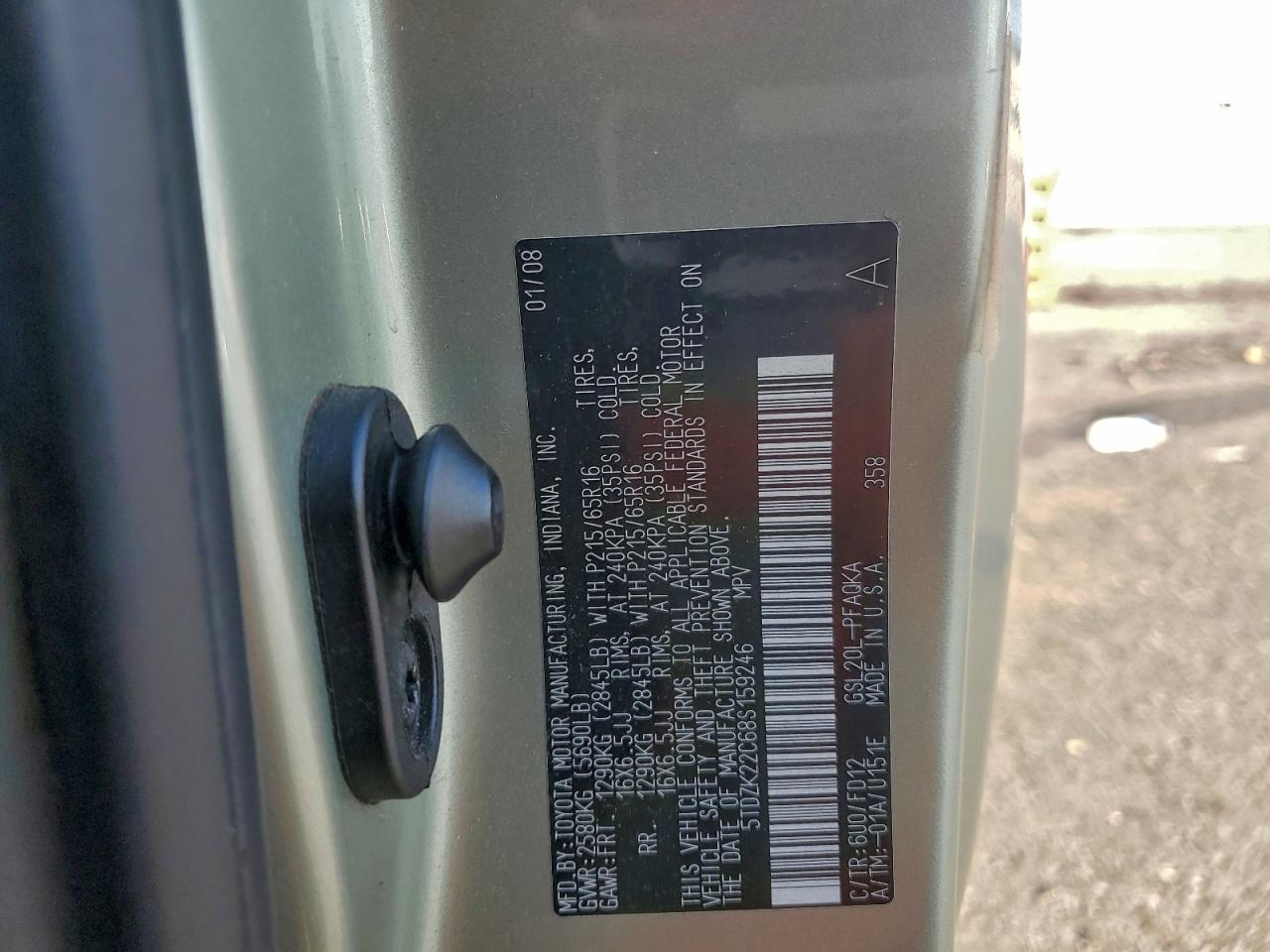 2008 Toyota Sienna Xle VIN: 5TDZK22C68S159246 Lot: 96741125