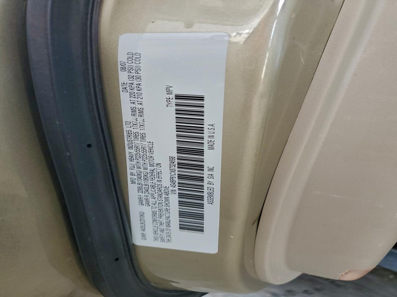 2008 Subaru Outback 2.5I VIN: 4S4BP61CX87324698 Lot: 95322255