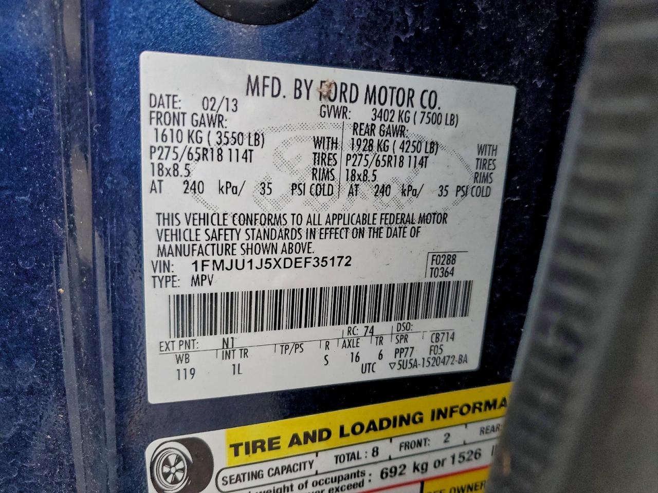 2013 Ford Expedition Xlt VIN: 1FMJU1J5XDEF35172 Lot: 95922475