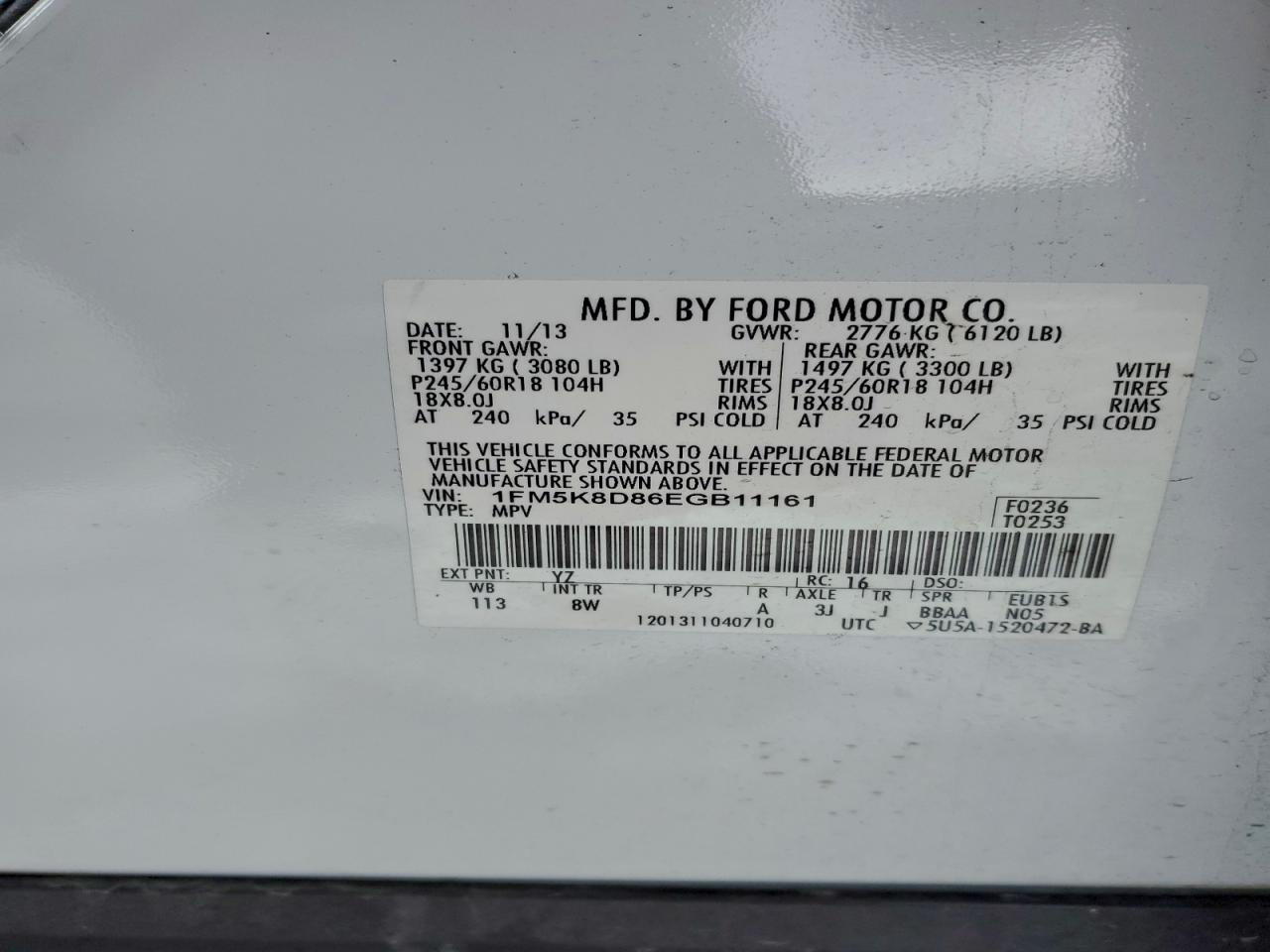 2014 Ford Explorer Xlt VIN: 1FM5K8D86EGB11161 Lot: 94951555