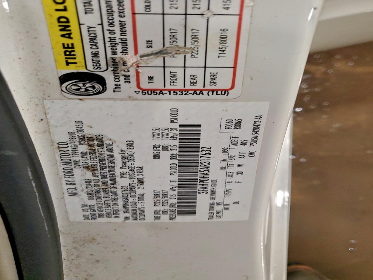 2010 Ford Fusion Se VIN: 3FAHP0HA5AR317632 Lot: 95197115