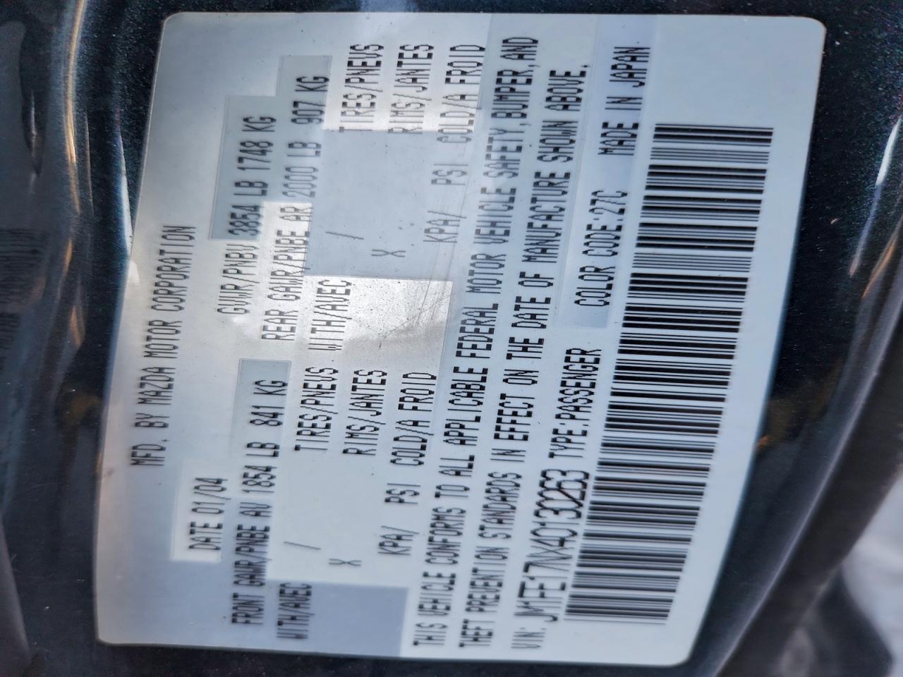 2004 Mazda Rx8 VIN: JM1FE17NX40130263 Lot: 96687115