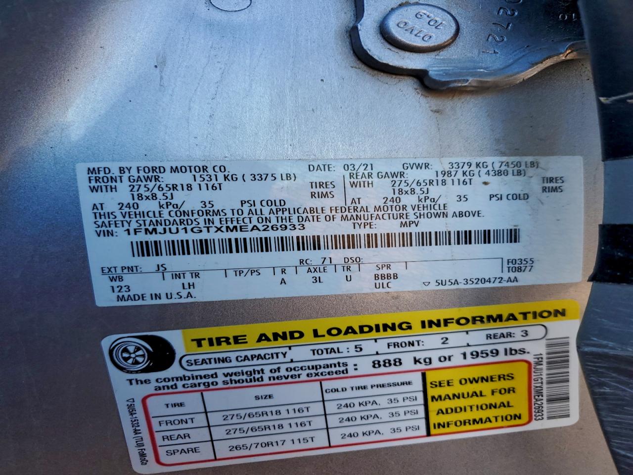 2021 Ford Expedition Xl VIN: 1FMJU1GTXMEA26933 Lot: 95011605