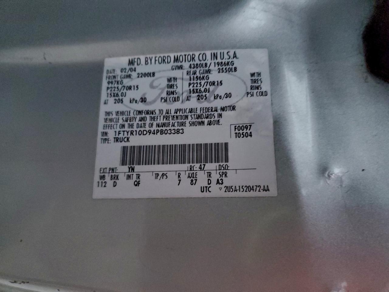 2004 Ford Ranger VIN: 1FTYR10D94PB03383 Lot: 94975805