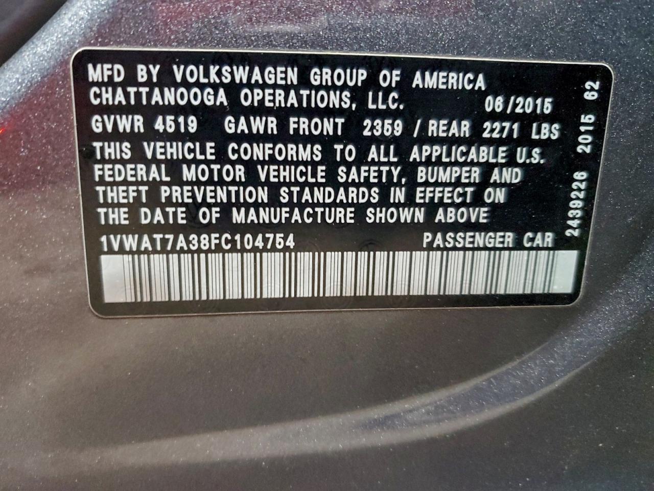 2015 Volkswagen Passat S VIN: 1VWAT7A38FC104754 Lot: 96300605