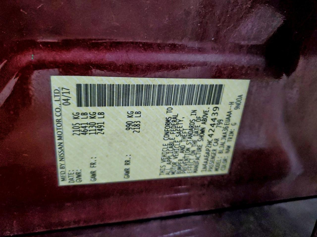 2017 Nissan Maxima 3.5S VIN: 1N4AA6AP2HC424439 Lot: 94548185