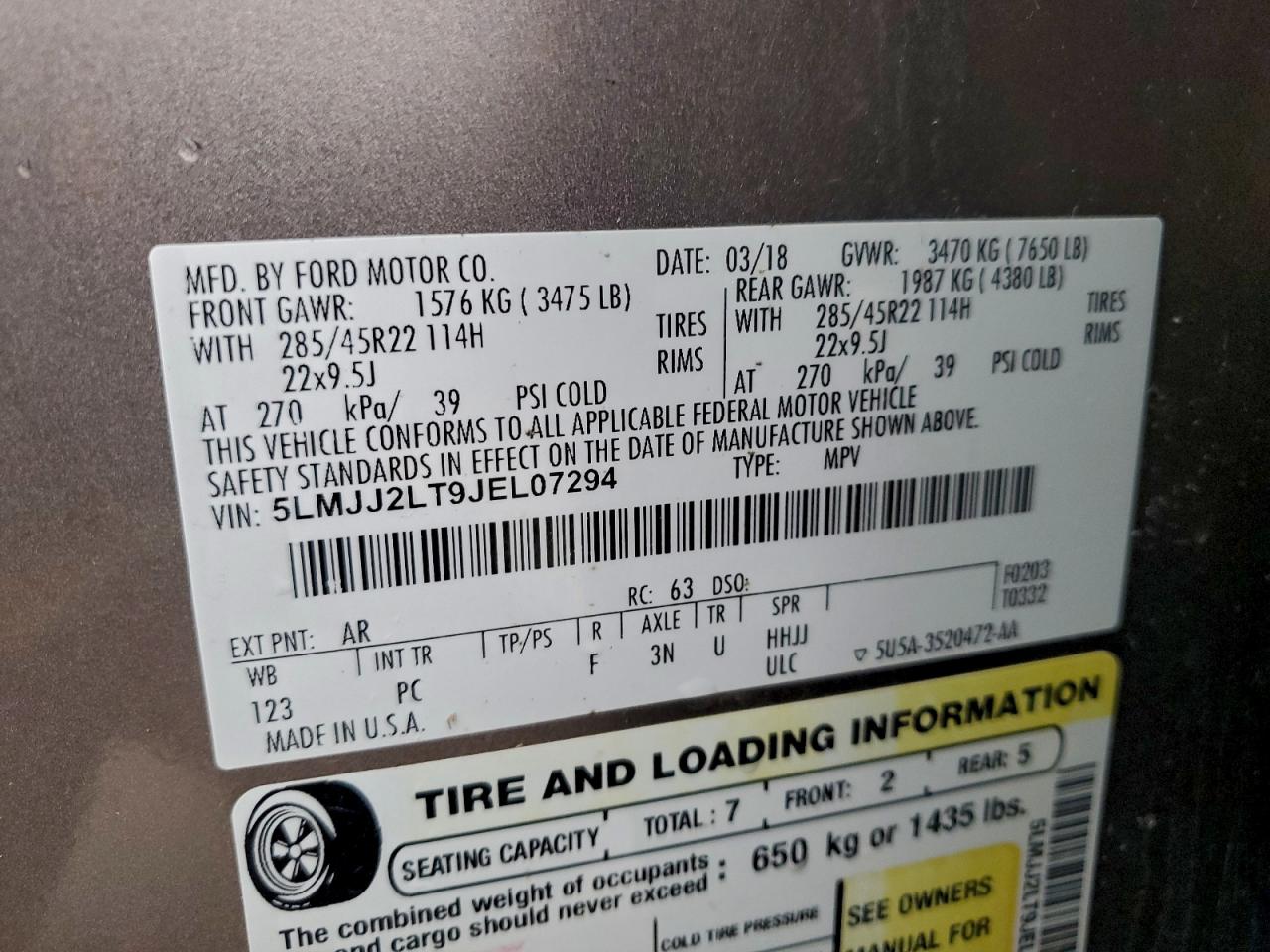 2018 Lincoln Navigator Reserve VIN: 5LMJJ2LT9JEL07294 Lot: 93994325