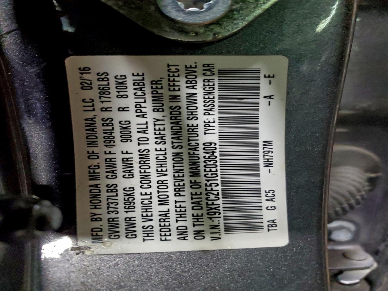 2016 Honda Civic Lx VIN: 19XFC2F51GE036409 Lot: 97661865