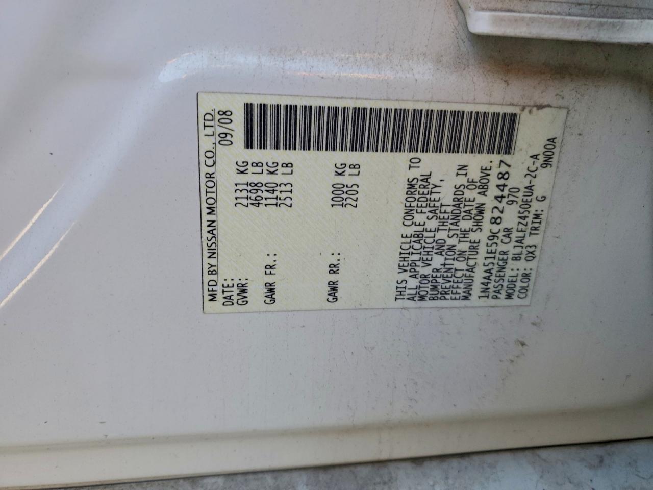 2009 Nissan Maxima S VIN: 1N4AA51E59C824487 Lot: 96256185