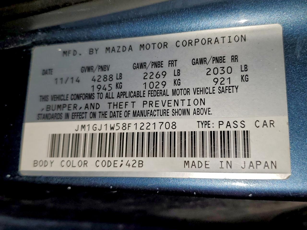 2015 Mazda 6 Grand Touring VIN: JM1GJ1W58F1221708 Lot: 93755175