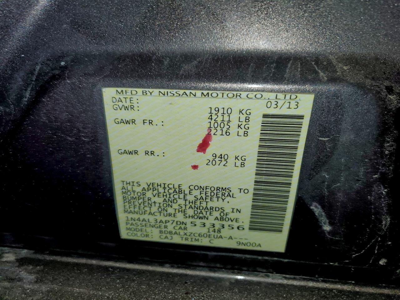 2013 Nissan Altima 2.5 VIN: 1N4AL3AP7DN533356 Lot: 94592945