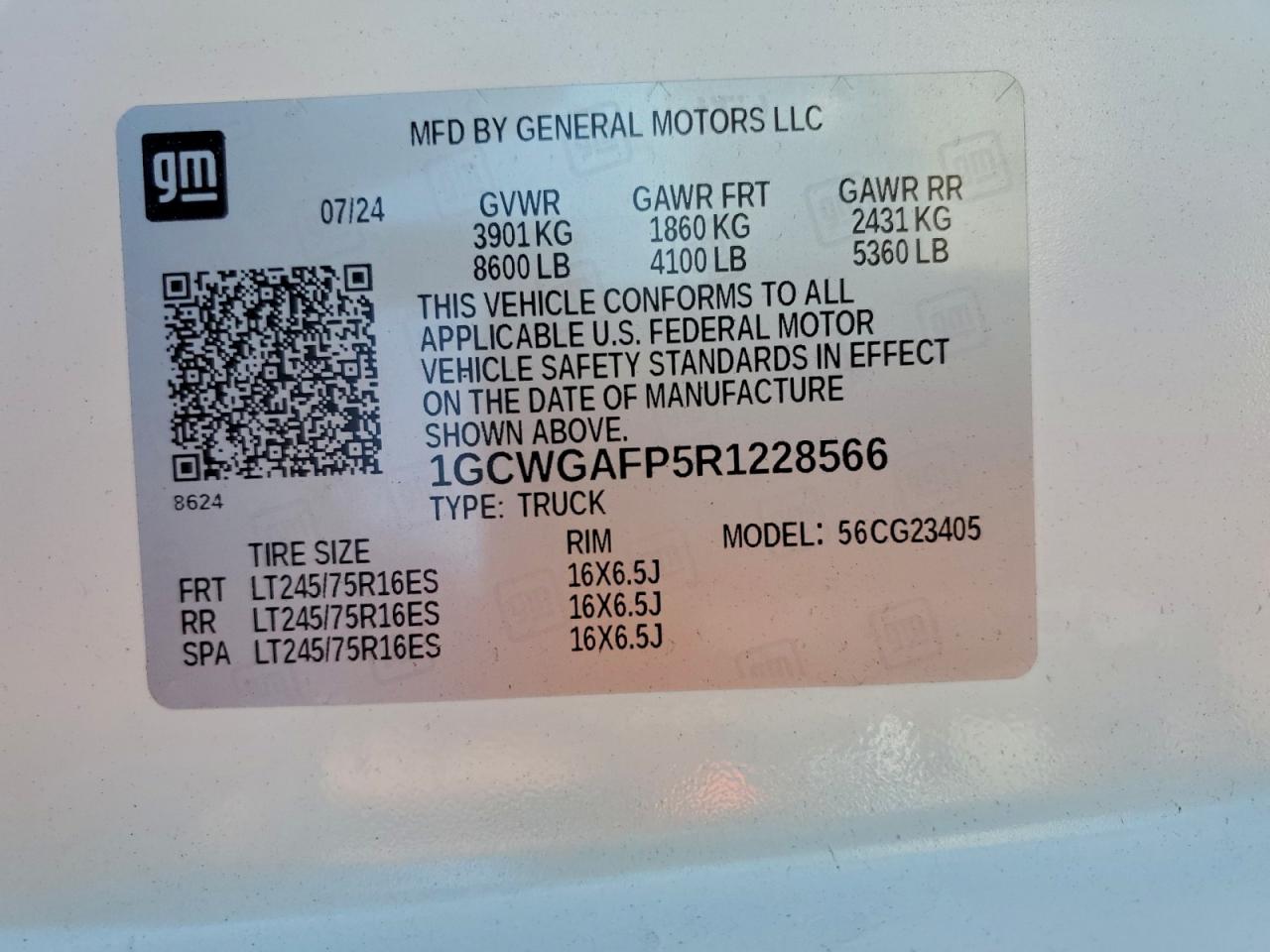 2024 Chevrolet Express G2500 VIN: 1GCWGAFP5R1228566 Lot: 94356865