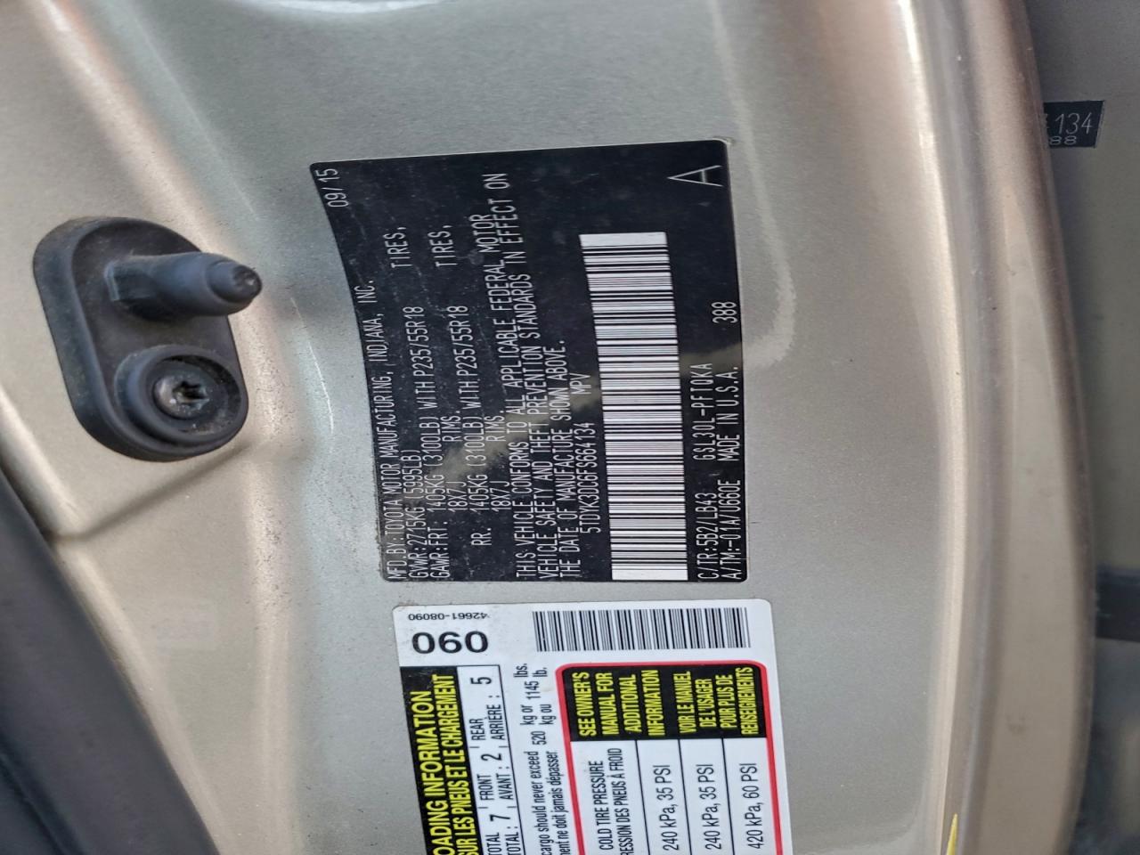 2015 Toyota Sienna Xle VIN: 5TDYK3DC6FS664134 Lot: 94819515