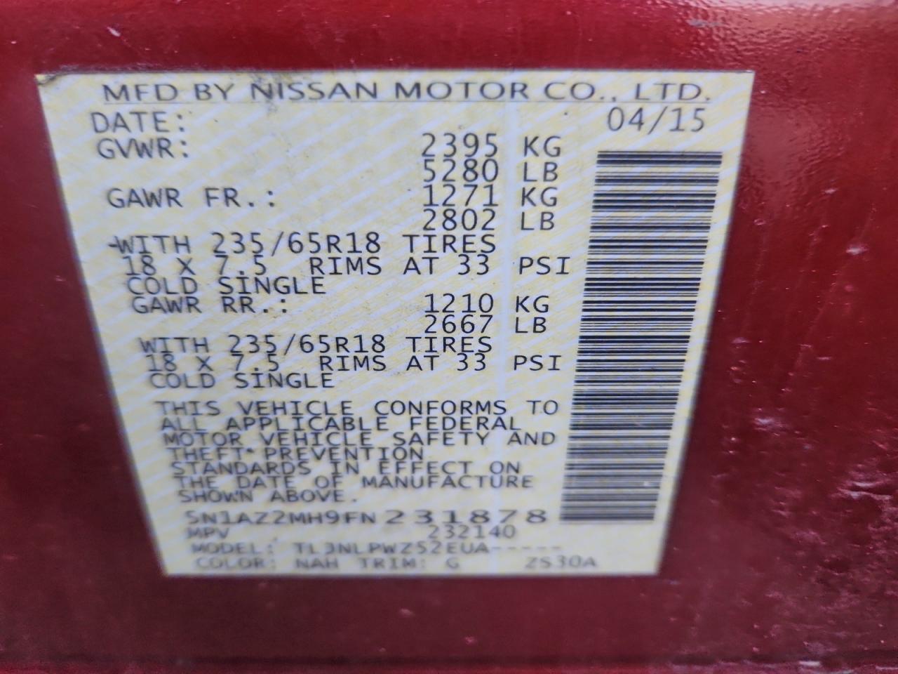 2015 Nissan Murano S VIN: 5N1AZ2MH9FN231878 Lot: 94592875