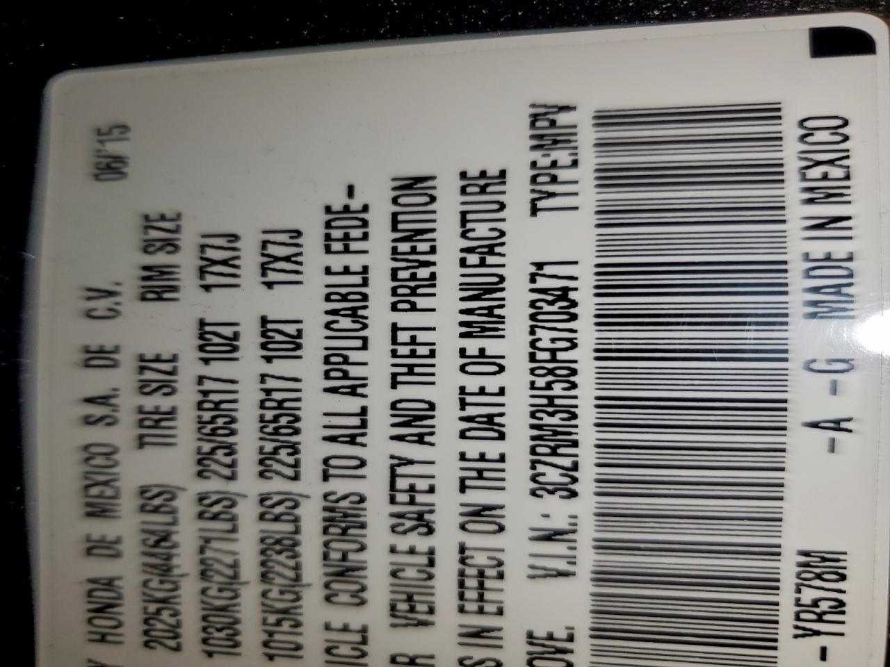 2015 Honda Cr-V Ex VIN: 3CZRM3H58FG703471 Lot: 95796685