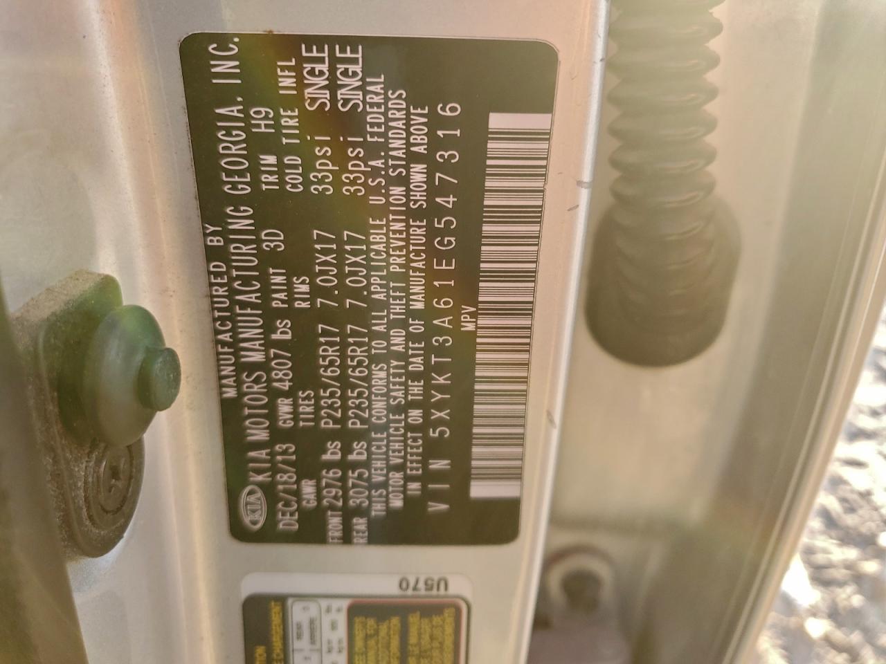 2014 Kia Sorento Lx VIN: 5XYKT3A61EG547316 Lot: 95221805