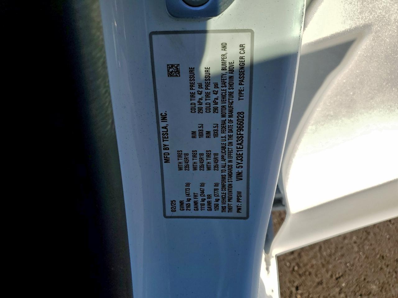 2025 Tesla Model 3 VIN: 5YJ3E1EA3SF966028 Lot: 95467905