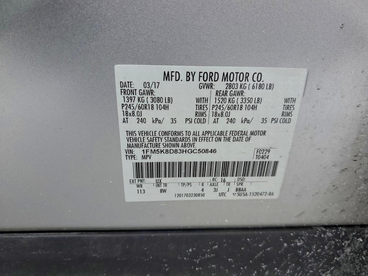 2017 Ford Explorer Xlt VIN: 1FM5K8D83HGC50846 Lot: 96232715