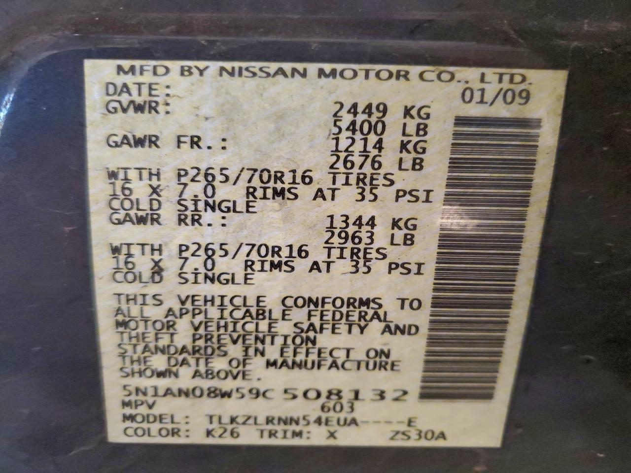 2009 Nissan Xterra Off Road VIN: 5N1AN08W59C508132 Lot: 94801685