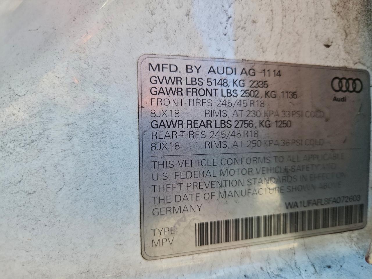 2015 Audi A4 Allroad Premium Plus VIN: WA1UFAFL8FA072603 Lot: 94050395