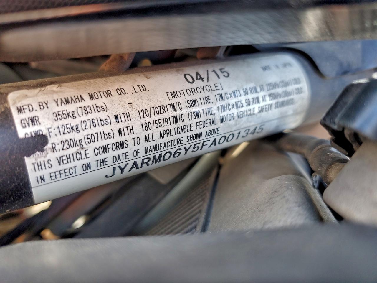 2015 Yamaha Fz07 C VIN: JYARM06Y5FA001345 Lot: 94501405