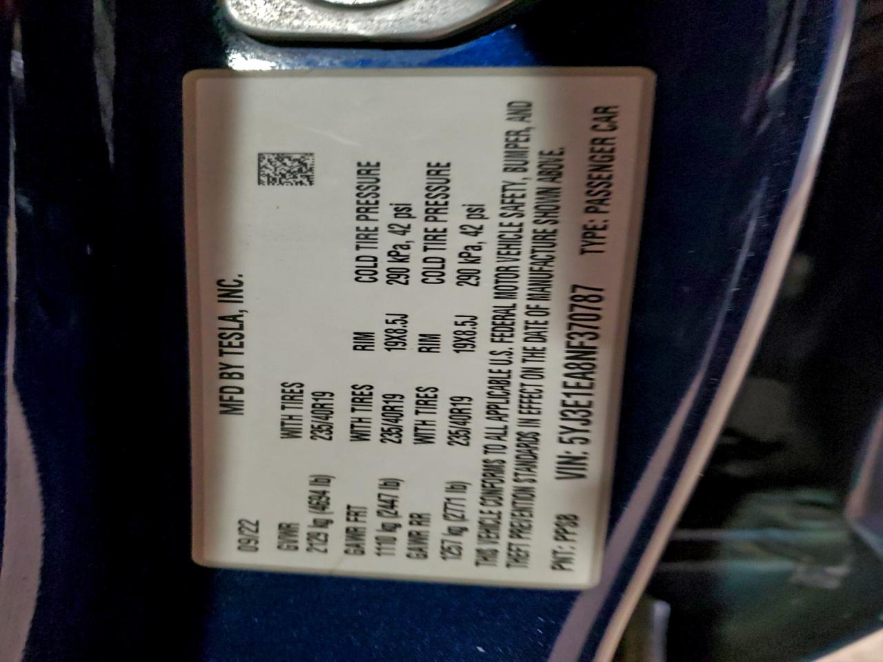 2022 Tesla Model 3 VIN: 5YJ3E1EA8NF370787 Lot: 95669565