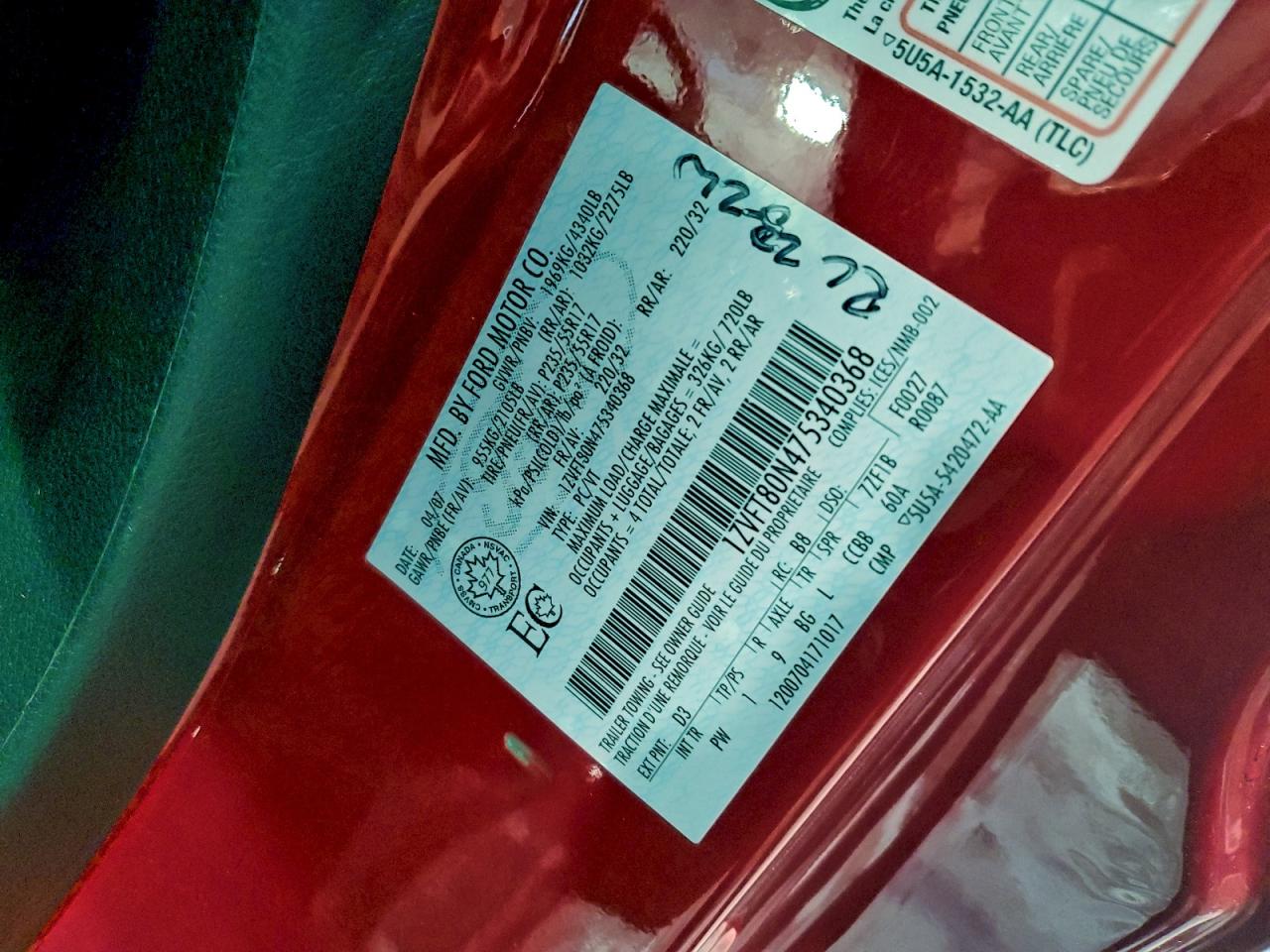 2007 Ford Mustang VIN: 1ZVFT80N475340368 Lot: 95090955