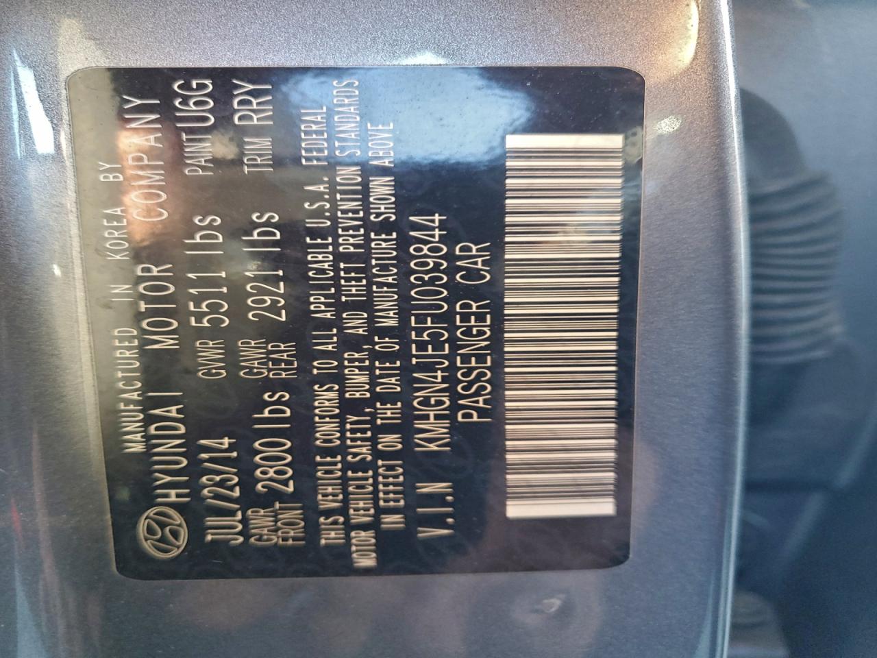 2015 Hyundai Genesis 3.8L VIN: KMHGN4JE5FU039844 Lot: 95630085