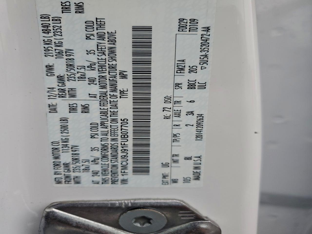 2015 Ford Escape Titanium VIN: 1FMCU9J91FUB07705 Lot: 97165025