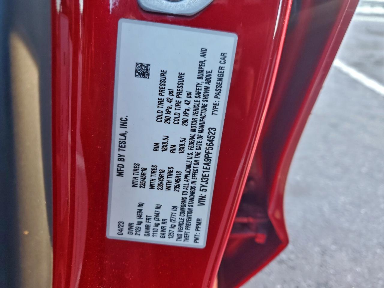 2023 Tesla Model 3 VIN: 5YJ3E1EA9PF564523 Lot: 94156625