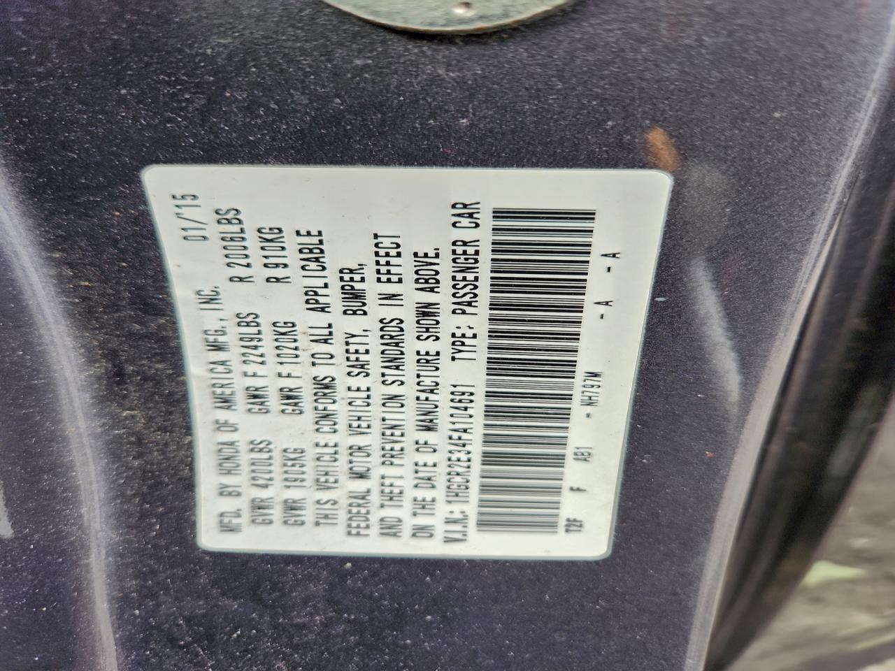 2015 Honda Accord Lx VIN: 1HGCR2E34FA104691 Lot: 97516165