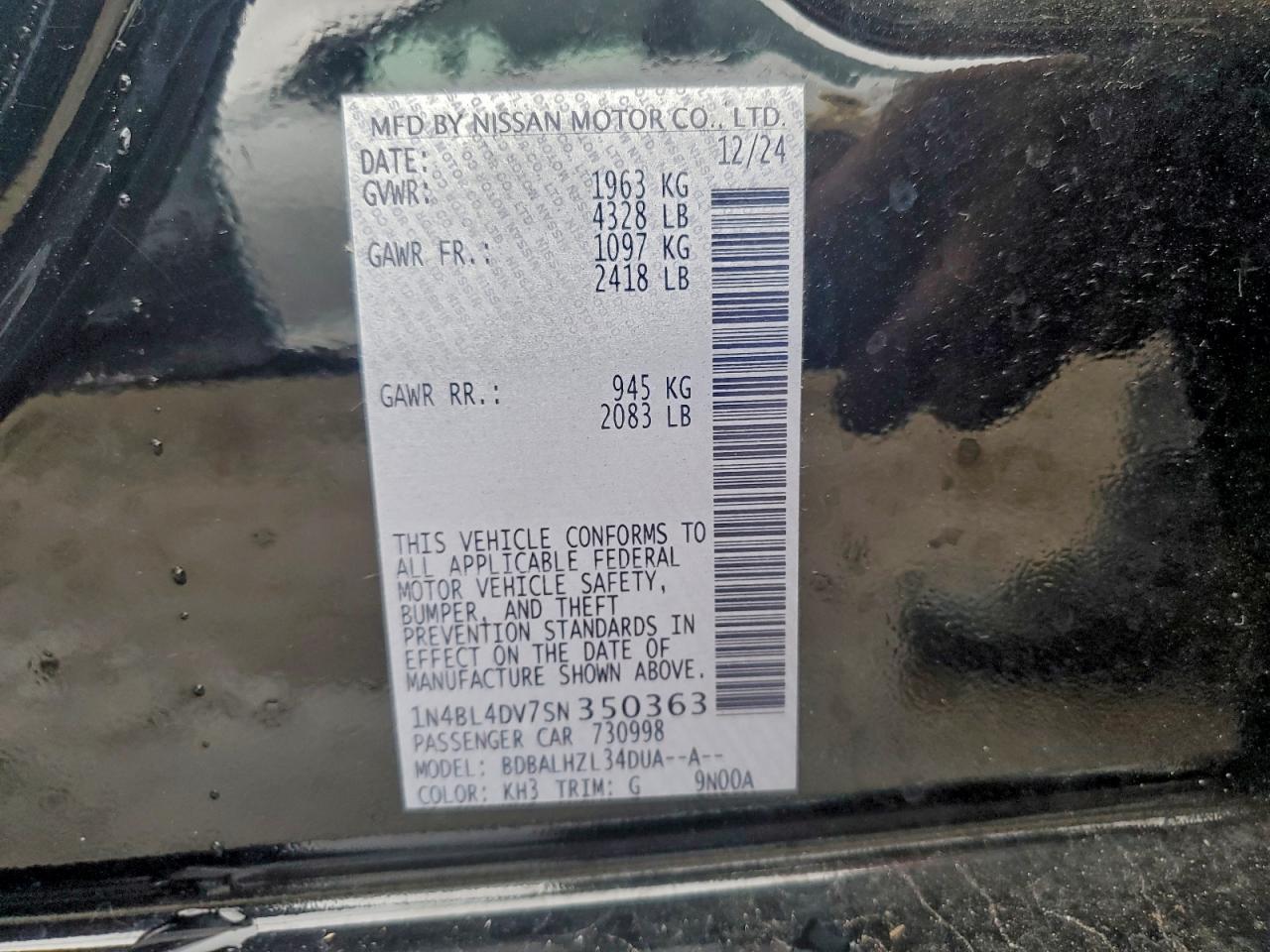 2025 Nissan Altima Sv VIN: 1N4BL4DV7SN350363 Lot: 96005095