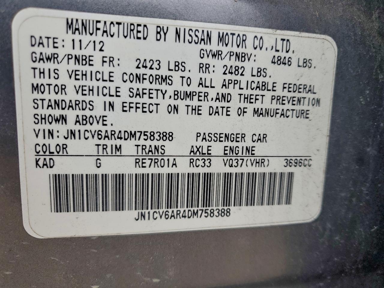 2013 Infiniti G37 VIN: JN1CV6AR4DM758388 Lot: 96231605