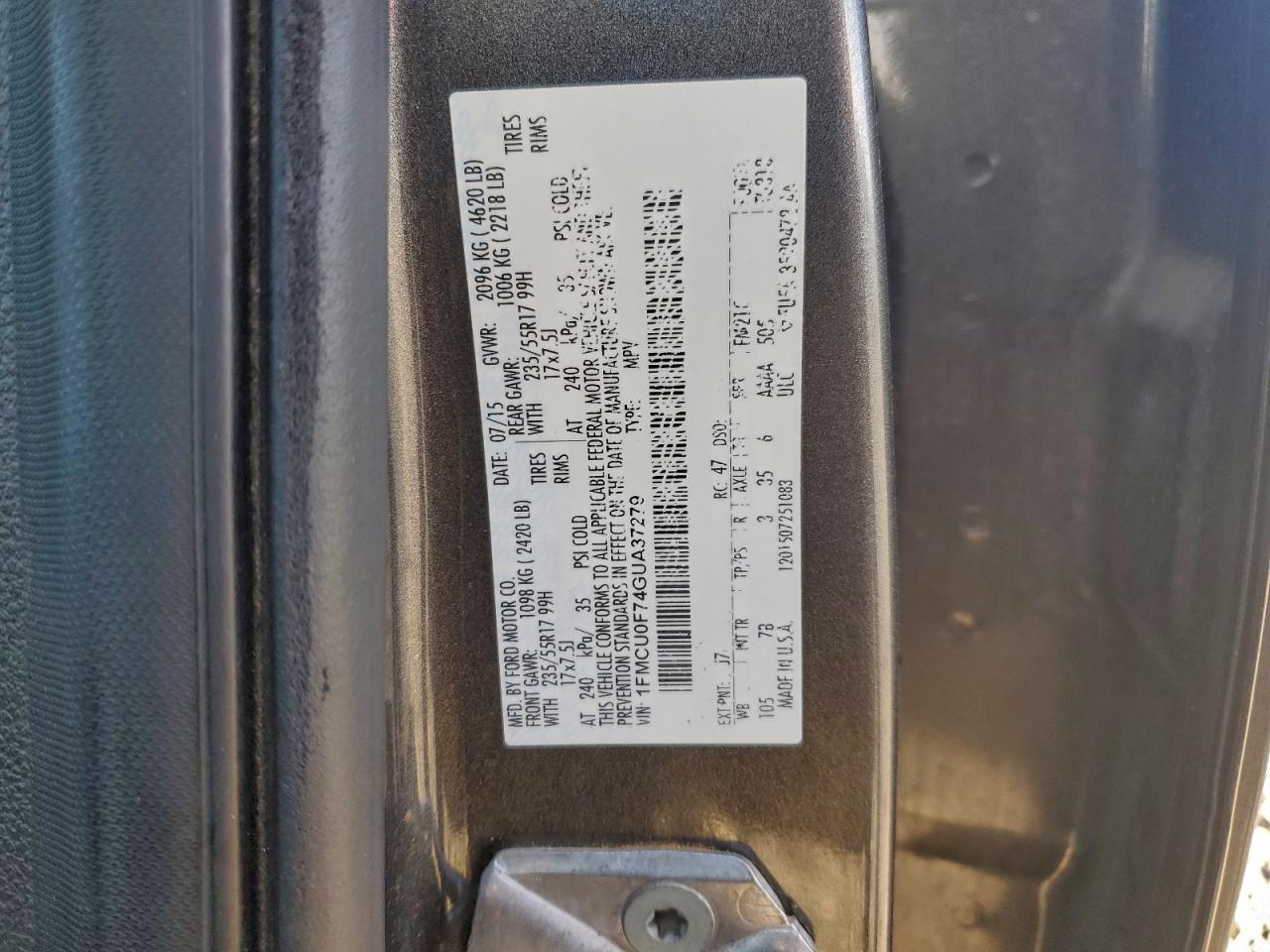 2016 Ford Escape S VIN: 1FMCU0F74GUA37279 Lot: 96804835