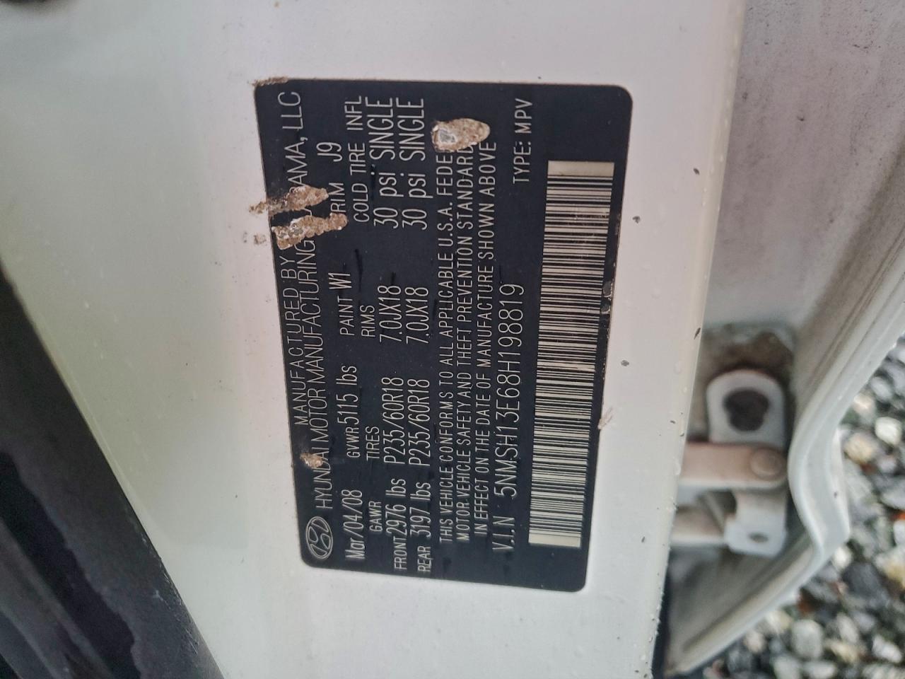 2008 Hyundai Santa Fe Se VIN: 5NMSH13E68H198819 Lot: 95142795