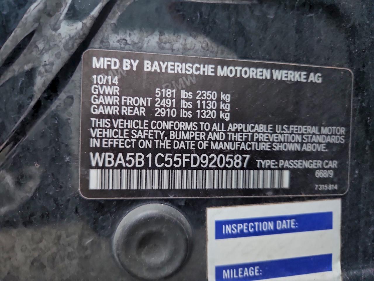 2015 BMW 535 I VIN: WBA5B1C55FD920587 Lot: 96913695