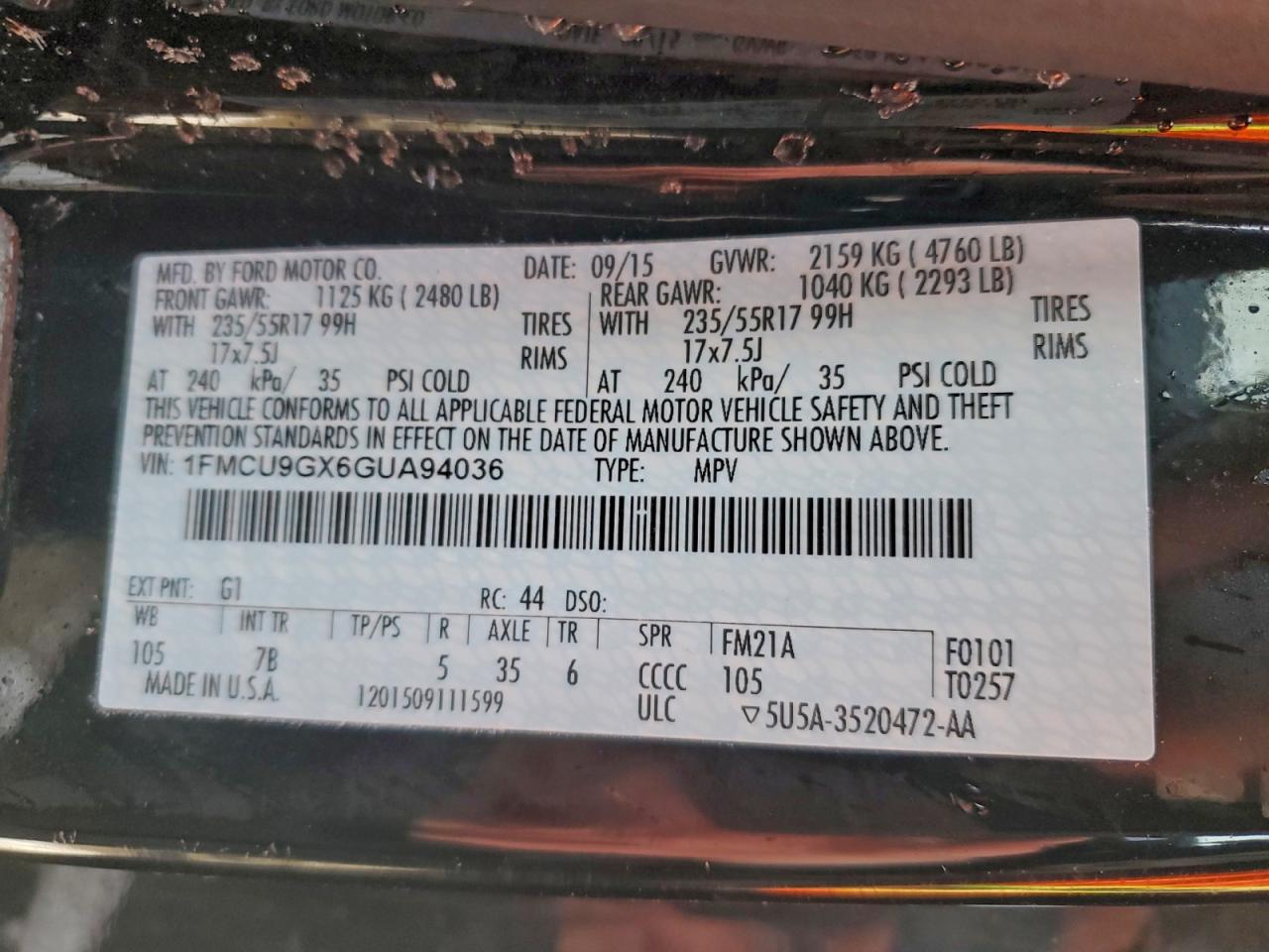 2016 Ford Escape Se VIN: 1FMCU9GX6GUA94036 Lot: 95893375