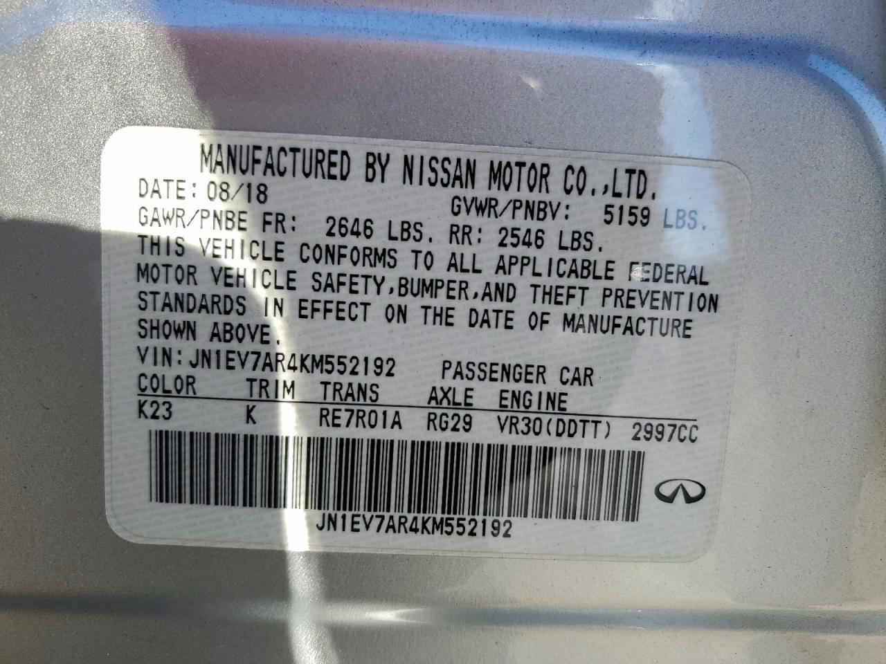 2019 Infiniti Q50 Luxe VIN: JN1EV7AR4KM552192 Lot: 94520495