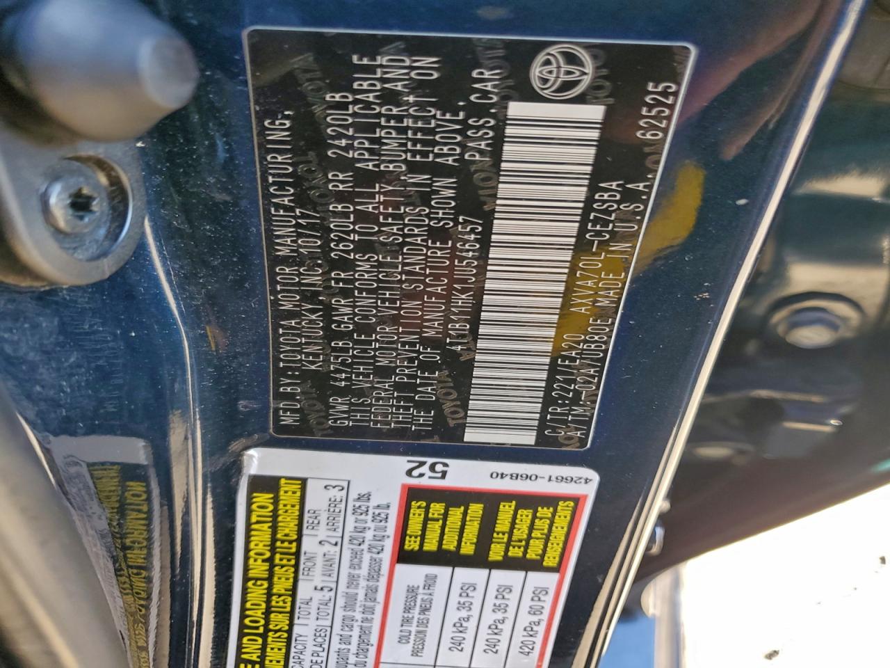 2018 Toyota Camry L VIN: 4T1B11HK1JU546457 Lot: 95210975