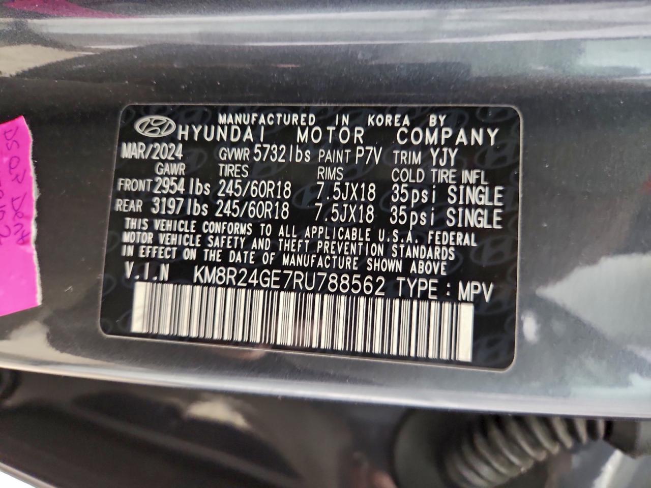 2024 Hyundai Palisade Sel VIN: KM8R24GE7RU788562 Lot: 97104505