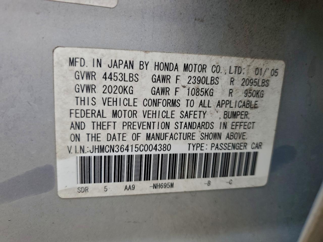 2005 Honda Accord Hybrid VIN: JHMCN36415C004380 Lot: 94786165