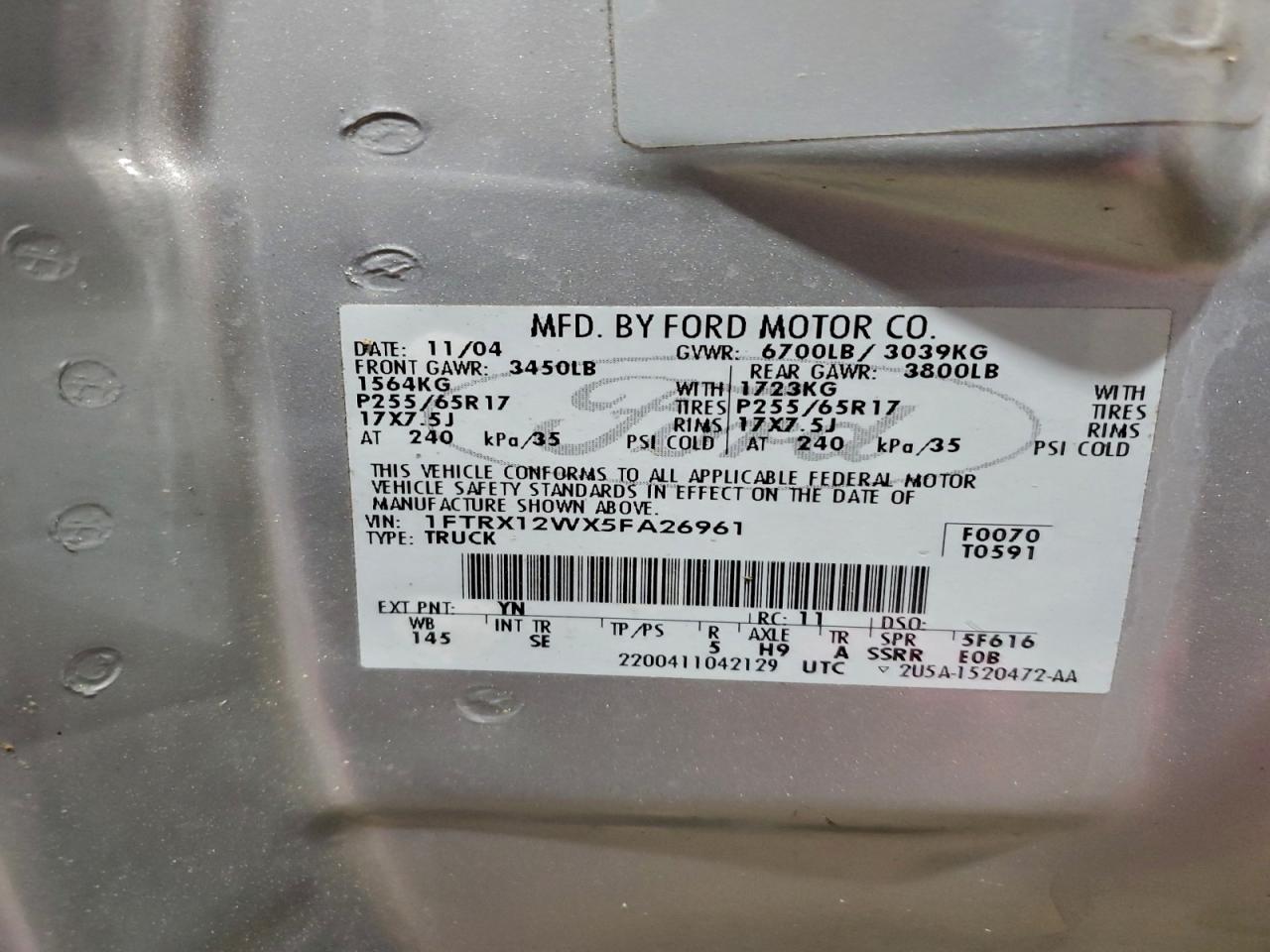 2005 Ford F150 VIN: 1FTRX12WX5FA26961 Lot: 96684915