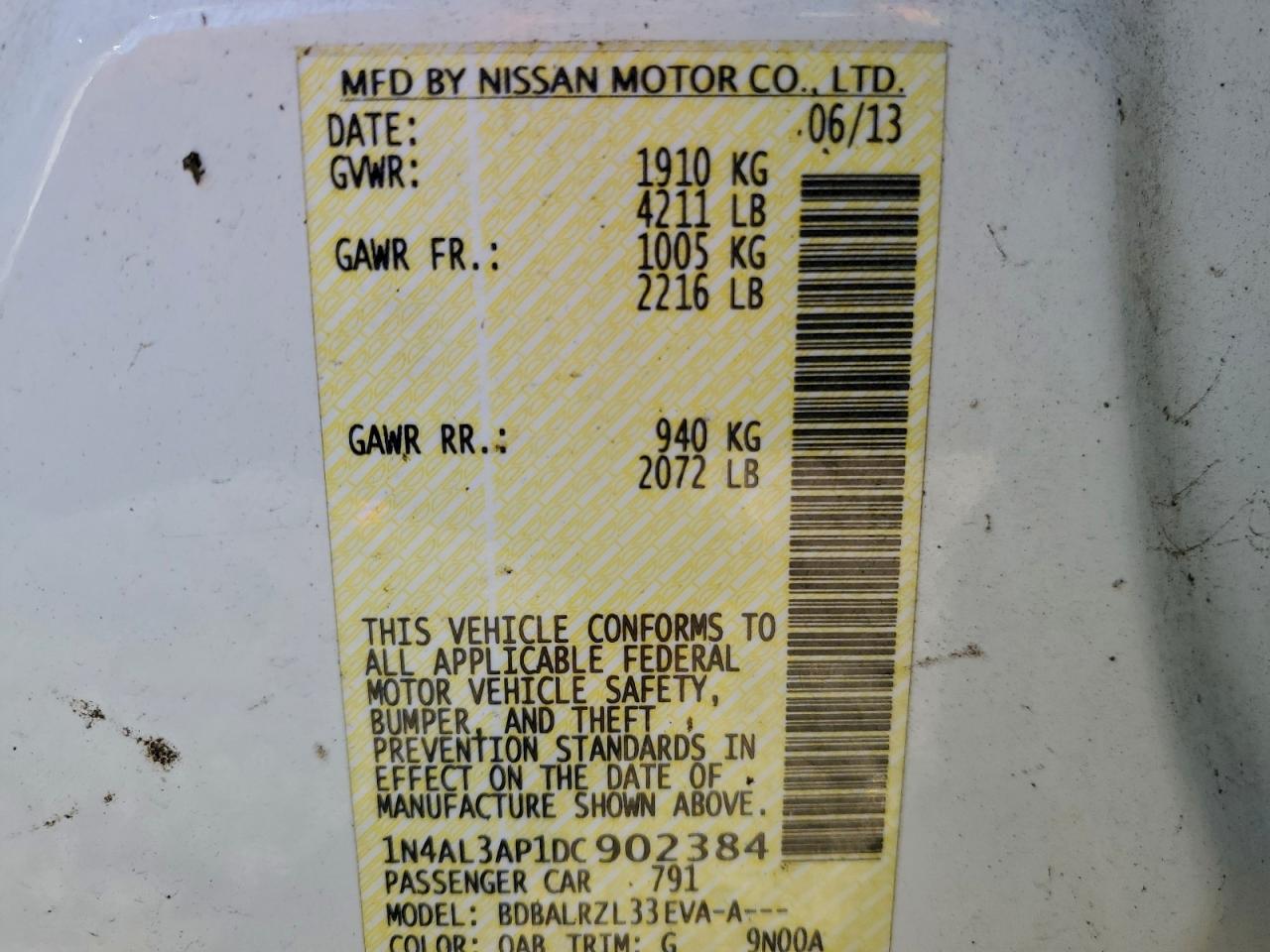 2013 Nissan Altima 2.5 VIN: 1N4AL3AP1DC902384 Lot: 94131065