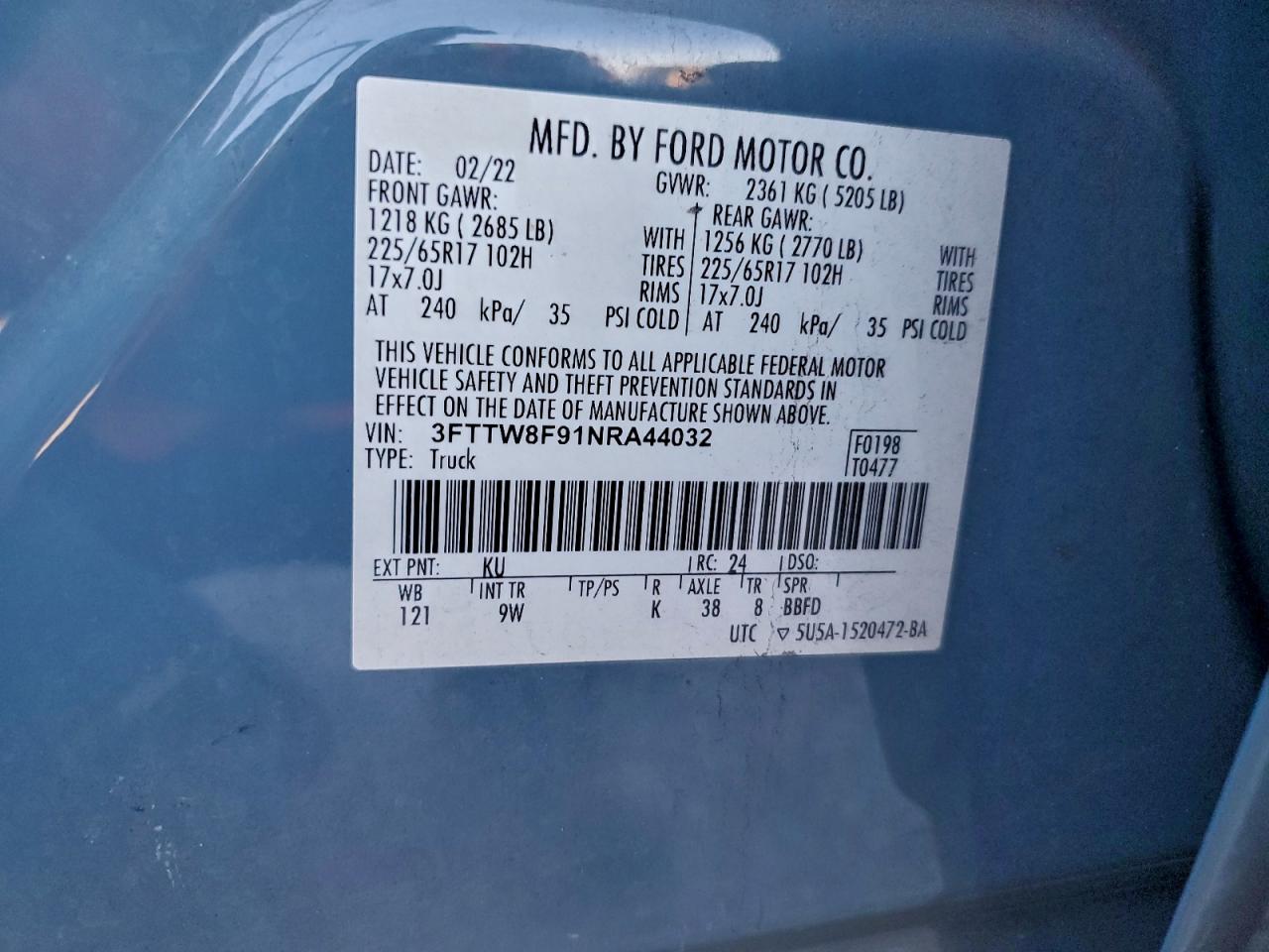 2022 Ford Maverick Xl VIN: 3FTTW8F91NRA44032 Lot: 93819875