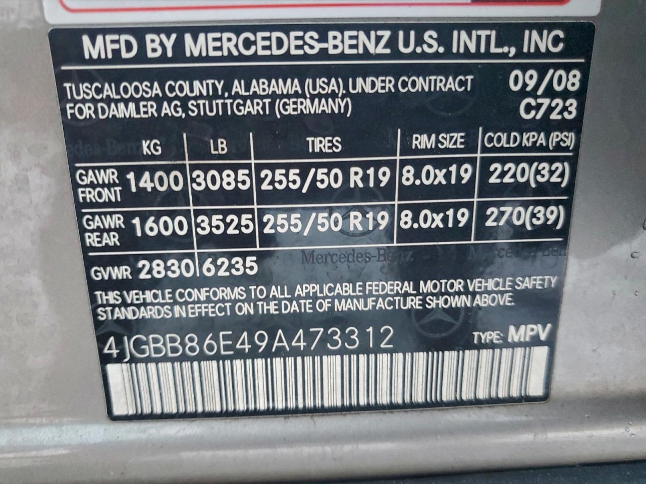 2009 Mercedes-Benz Ml 350 VIN: 4JGBB86E49A473312 Lot: 94807685