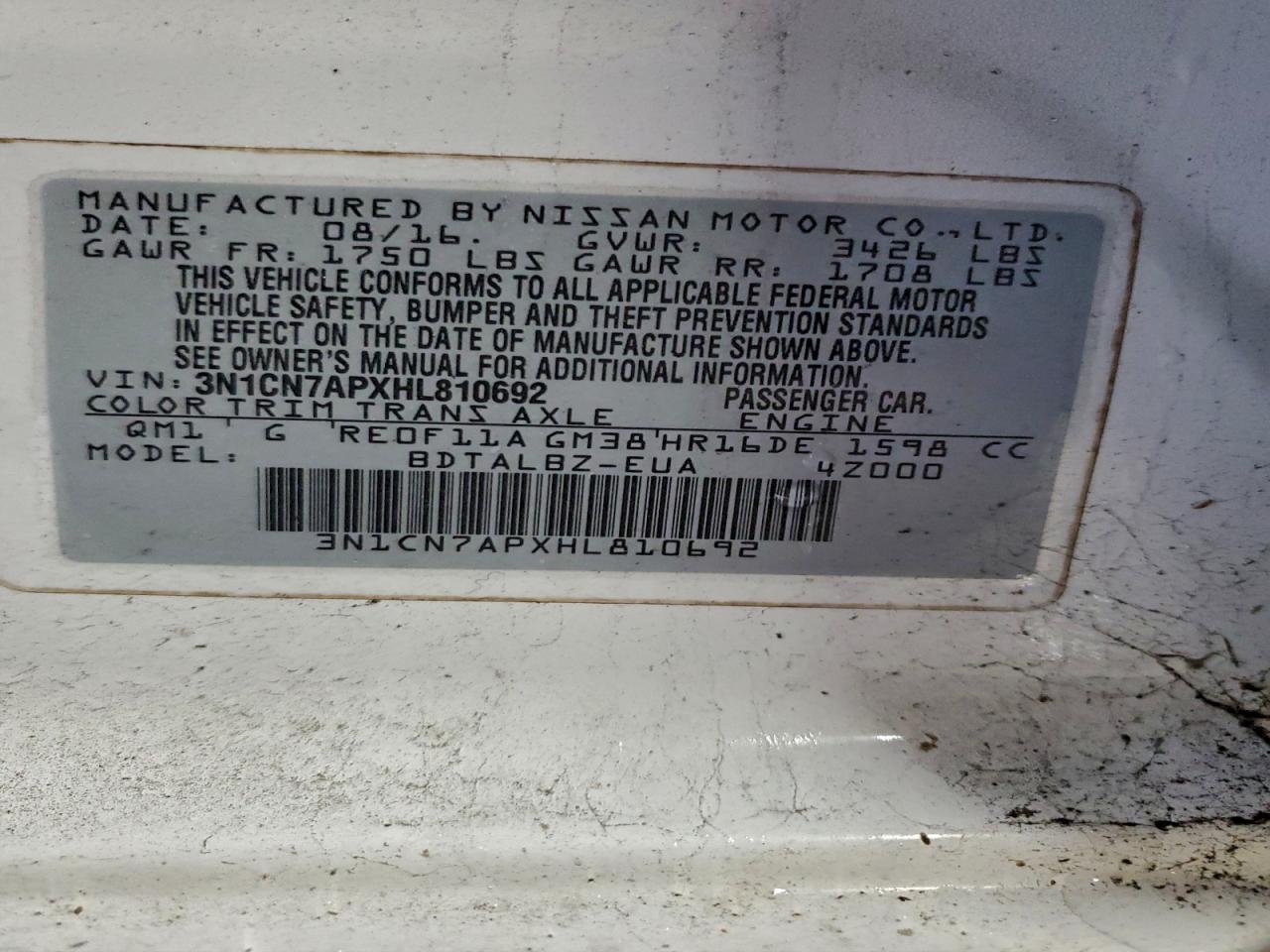 2017 Nissan Versa S VIN: 3N1CN7APXHL810692 Lot: 94763135