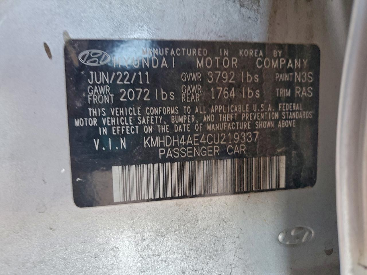 2012 Hyundai Elantra Gls VIN: KMHDH4AE4CU219337 Lot: 96847135