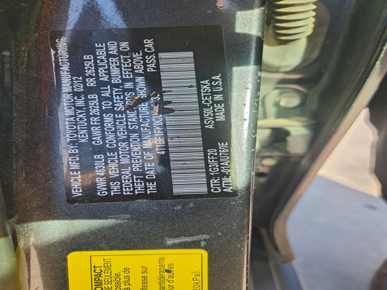 2012 Toyota Camry Base VIN: 4T1BF1FK0CU058933 Lot: 94358175