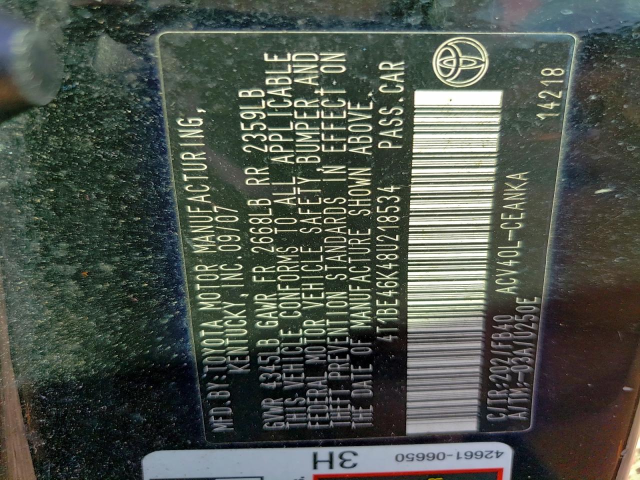 2008 Toyota Camry Ce VIN: 4T1BE46K48U218534 Lot: 96623405