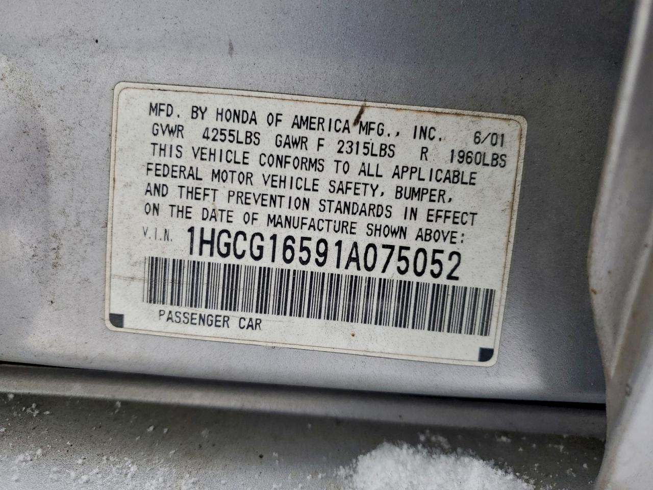 2001 Honda Accord Ex VIN: 1HGCG16591A075052 Lot: 94821995